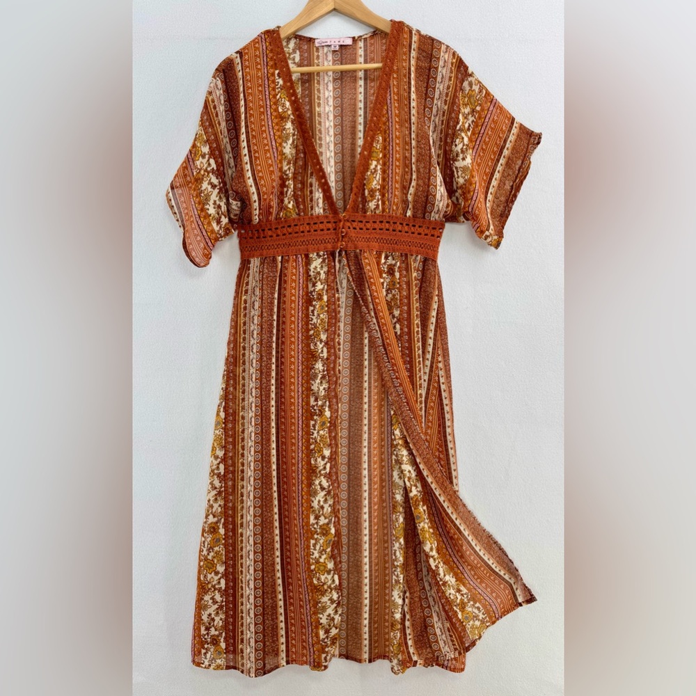 Women’s Sheer Tunic Kimono Style Cover Up Rust Orange Crochet Sz M Boho